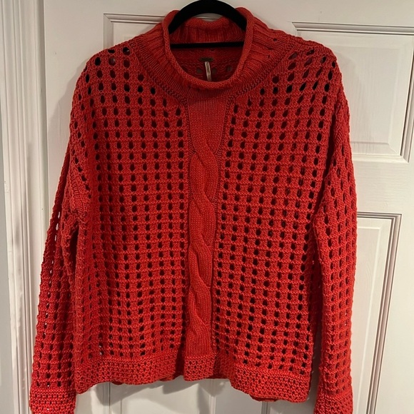 Free People Open Knit Crochet Mockneck Sweater Orange Size Small - Picture 5 of 12